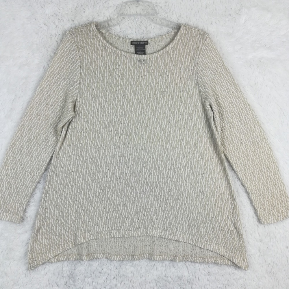 Chelsea & Theodore Sweater Womens Pullover White Oatmeal Loose Knit High Low L